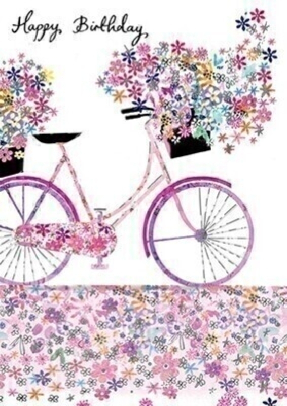 Lovely pink bicycle and flowers Happy Birthday greetings card with envelope.  This card has Have a lovely Birthday written inside. Perfect to celebrate a Birthday.